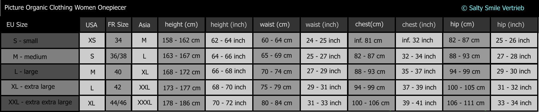 Picture organic clothing women onepiecer size chart