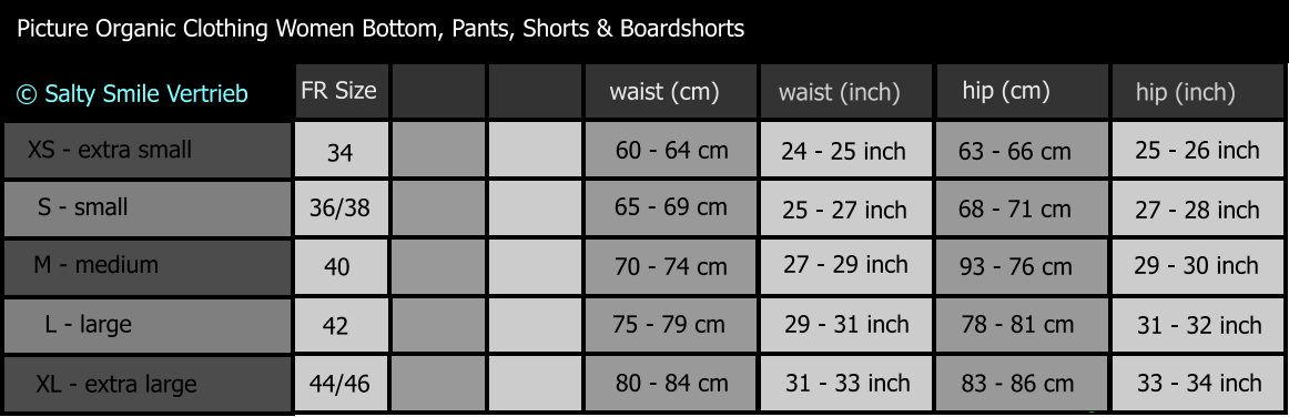 Picture Organic Clothing women pants shorts boardshorts bottom size chart