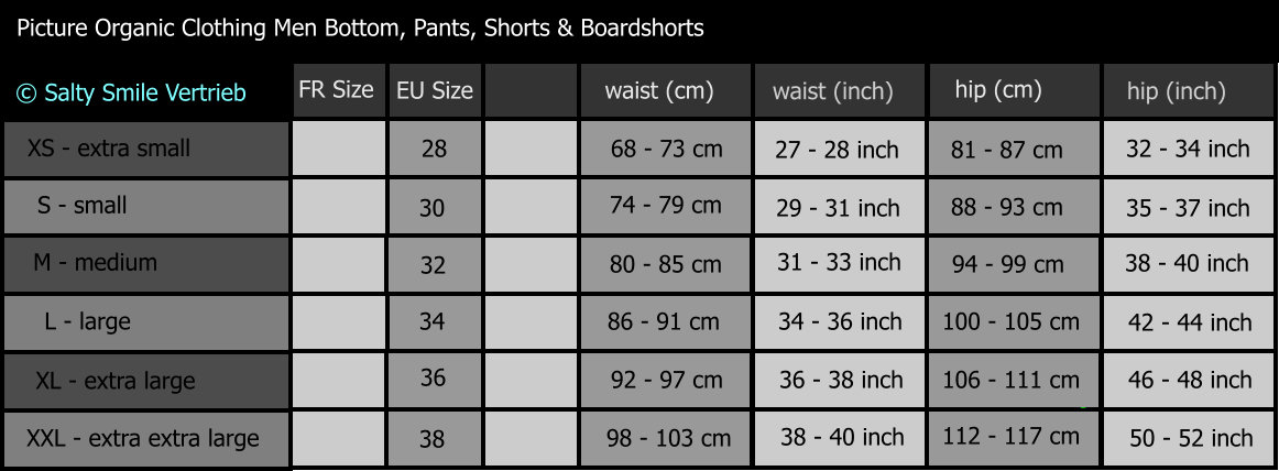 Picture Organic clothing men shorts boardshort pants bottom size chart