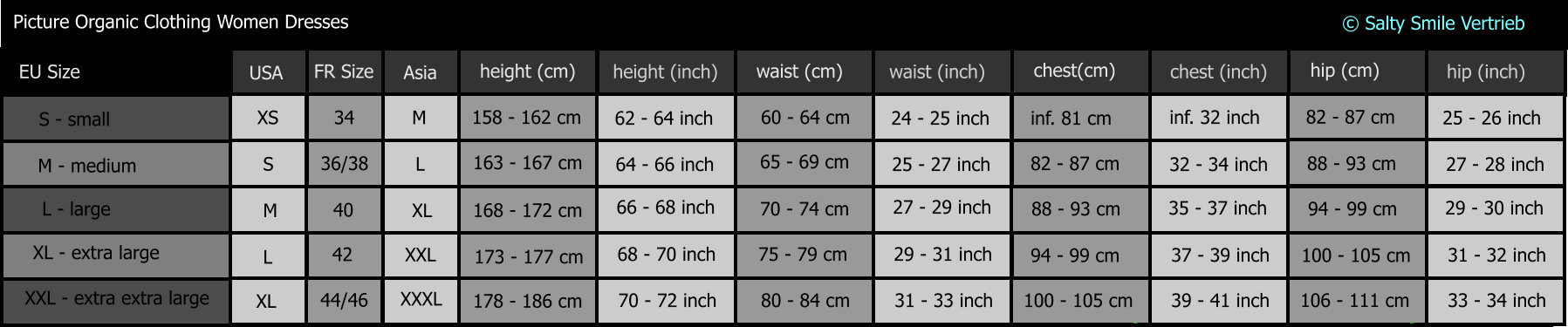 Picture organic clothing women dresses size chart