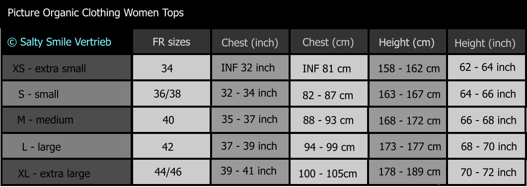 Picture Organic Clothing women tops size chart