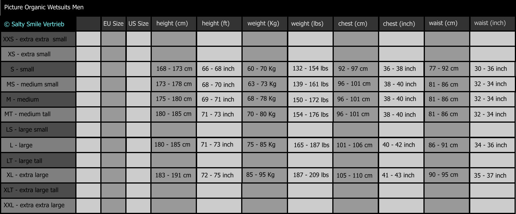 picture organic wetsuits size chart men