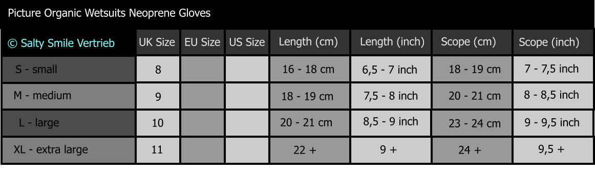 picture organic neoprene gloves size chart