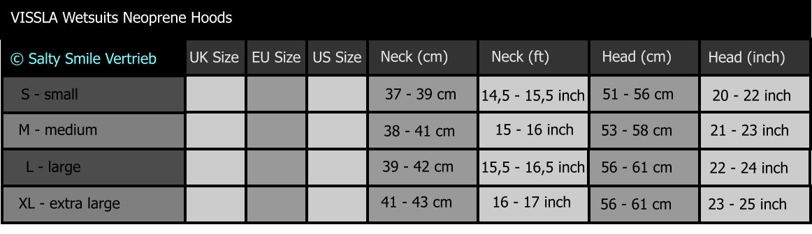 VISSLA wetsuit size chart neoprene hood
